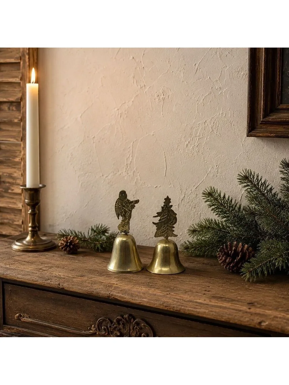 Vintage Brass Christmas Handbells Angel Deer Tree Set of 2